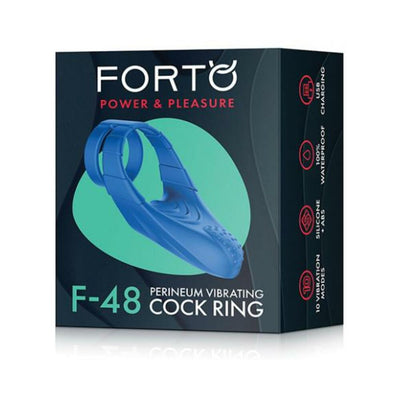 Packaging box of Forto F-48 silicone perineum vibrating double cockring in blue with product features highlighted.