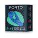 Packaging box of Forto F-48 silicone perineum vibrating double cockring in blue with product features highlighted.