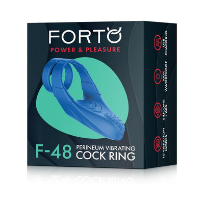 Blue silicone vibrating double cock ring with textured perineum stimulator shown on product packaging.