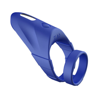 Blue silicone vibrating double cock ring with ergonomic design and control button on top.