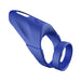 Blue silicone vibrating double cock ring with ergonomic design and control button on top.