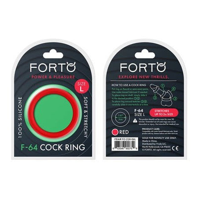 Packaging of FORTO F-64 large red silicone cock ring, showing front and back with product details and usage instructions.