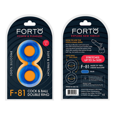 Packaging of Forto F-81 double ring made of blue liquid silicone, showing front and back with usage instructions.