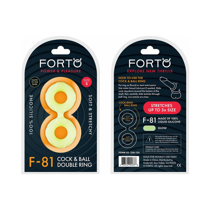Forto F-81 double ring cock and ball ring in glow-in-the-dark silicone packaging front and back views.