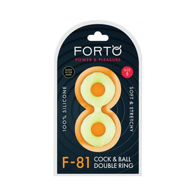 Packaging of Forto F-81 double ring made of soft, stretchy, glow-in-the-dark silicone, size small, for intimate use.