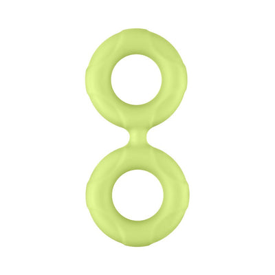 Light green double ring silicone band with textured surface, connected in figure-eight shape on white background.