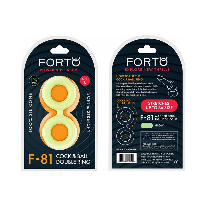 Forto F-81 double ring cock and ball ring in glow-in-the-dark silicone with packaging front and back views.
