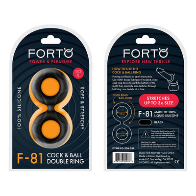 Packaging of Forto F-81 double ring made of 100% black liquid silicone, size large, with usage instructions and product details.