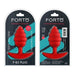 Red silicone FORTO F-83 spiraled anal plug with flared base in clear retail packaging shown front and back.