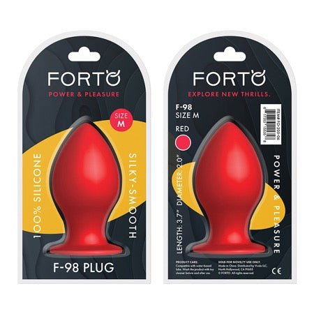 Red medium-sized Forto F-98 silicone plug with tapered design and suction cup base in retail packaging front and back views.