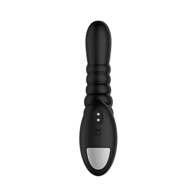 Black ribbed vibrating massager with ergonomic handle and control buttons, designed for targeted stimulation.