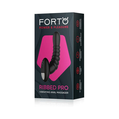 Packaging of Forto Ribbed Pro Vibrating Massager in black with ergonomic, ribbed design and control buttons.