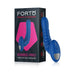 Blue ribbed vibrating massager with ergonomic handle displayed next to its black and pink Forto branded packaging.