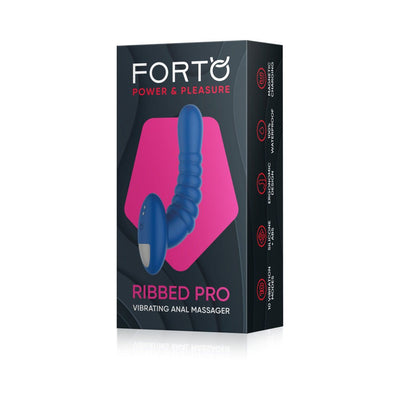 Packaging box of Forto Ribbed Pro vibrating anal massager in blue with ergonomic design and ribbed texture.