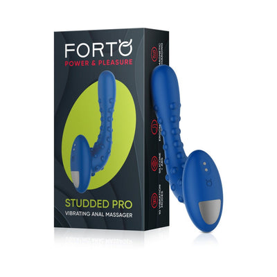 Blue studded vibrating massager with ergonomic handle next to its black and green Forto branded packaging box.