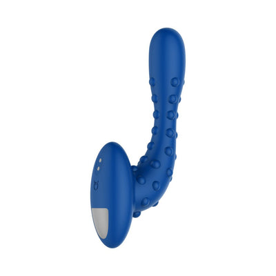 Blue studded prostate massager with ergonomic handle and curved design for targeted stimulation.