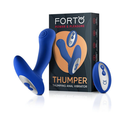 Blue silicone Forto Thumping Anal Vibrator with remote control and packaging box on white background.