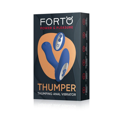 Packaging of Forto Thumping Anal Vibrator showing blue silicone device and remote control with product features listed on the side.