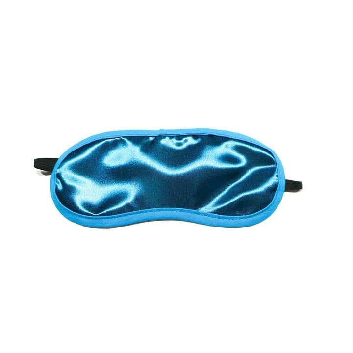 Aqua blue satin eye mask with a smooth, shiny finish and black elastic strap for comfortable wear.