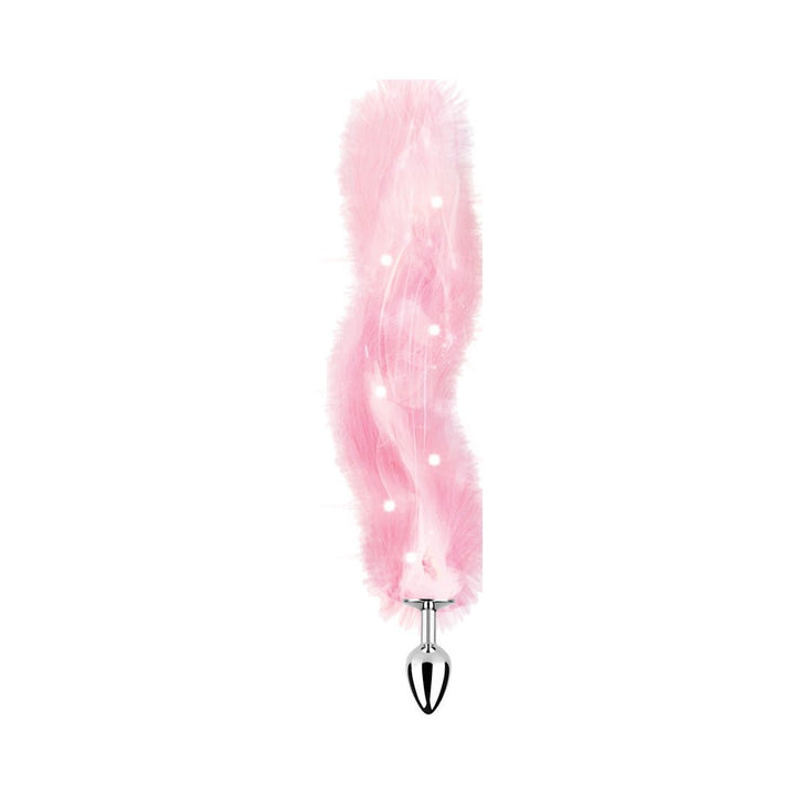 Pink faux fur fox tail butt plug with multicolored LED lights and a smooth metal plug base.