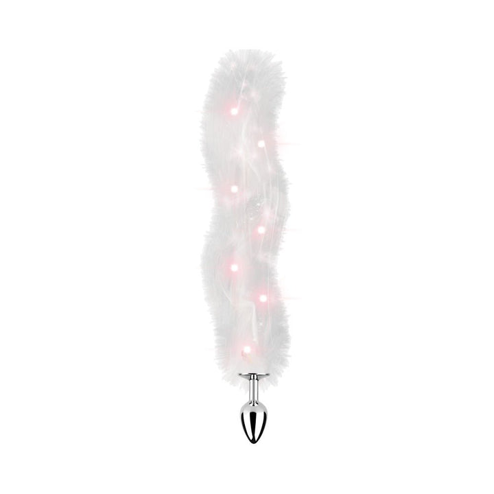 White faux fur tail butt plug with multicolored LED lights and a smooth metal base for comfortable wear.