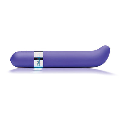 Purple curved G spot vibrator with chrome accent band and smooth matte finish on white background