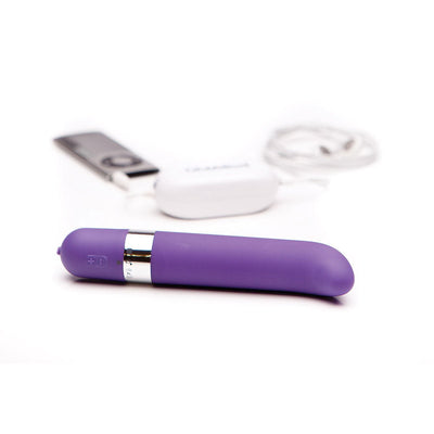 Purple Freestyle G Spot vibrator with chrome accent, wireless transmitter, and white earbuds on white background.