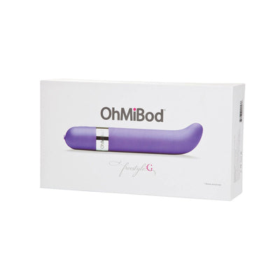 Packaging box of OhMiBod Freestyle G Spot Vibrator in purple with product image and branding on white background.