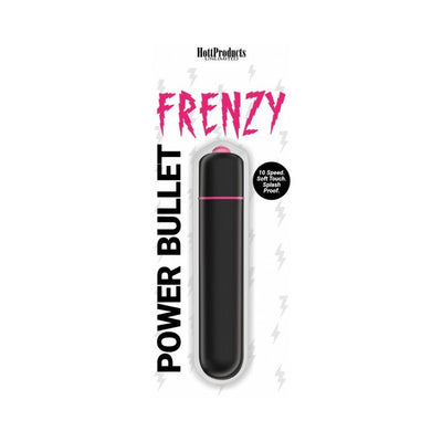 Compact black power bullet vibrator with pink accents, 10 speeds, soft-touch, and splash-proof design in retail packaging.