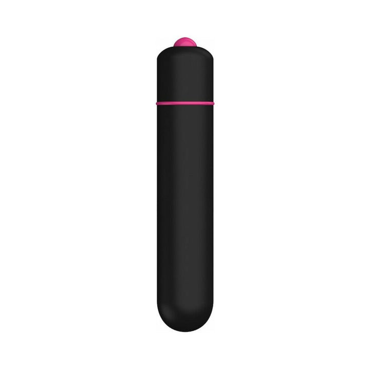 Compact black power bullet vibrator with pink accents and smooth rounded tip, featuring 10-speed settings.
