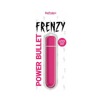 Pink Frenzy Power Bullet vibrator in packaging highlighting 10 speeds, soft-touch material, and splashproof design.