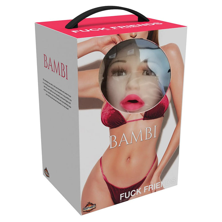 Packaging box of Bambi inflatable doll featuring a brunette in red lingerie with a window showing the doll's face.
