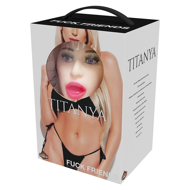 Packaging box of the Titanya inflatable love doll featuring a blonde model in black lingerie and a window showing the doll's face.