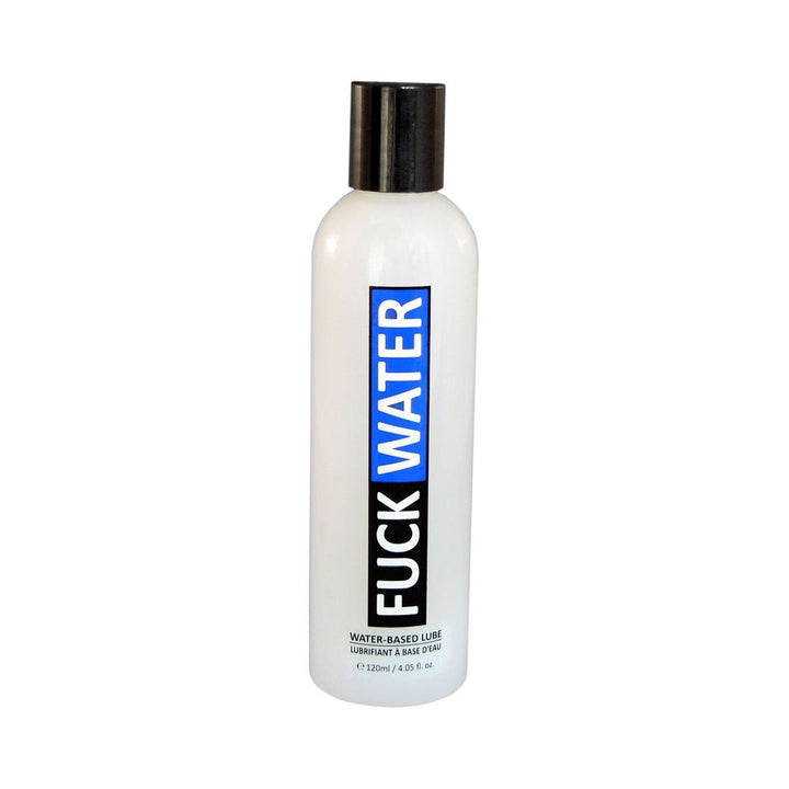 Bottle of Fuck Water H2O premium water-based lubricant with black cap and bold blue and black label.
