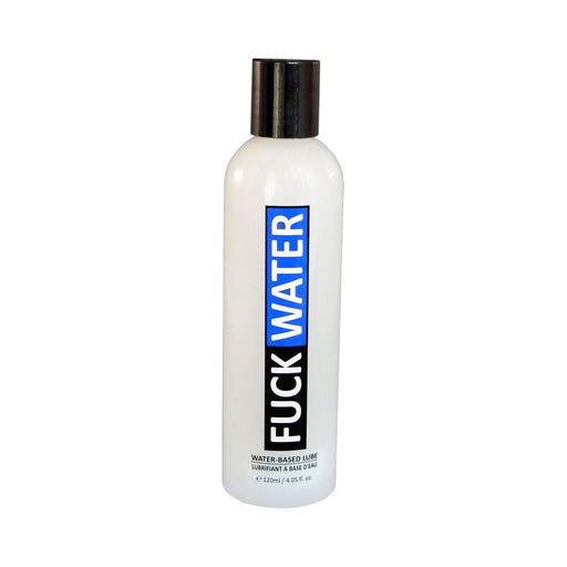 Bottle of Fuck Water H2O premium water-based lubricant with black cap and bold blue and black label.