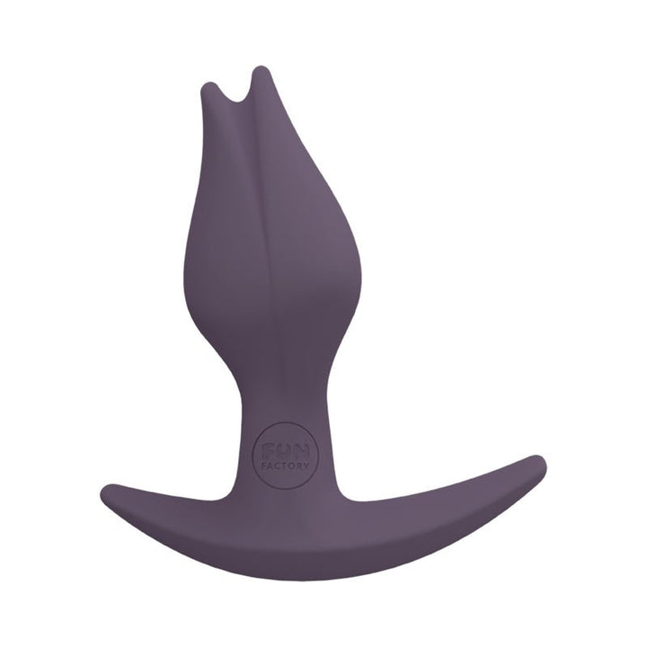 Purple tulip-shaped silicone anal plug with asymmetrical base by Fun Factory Bootie Fem.