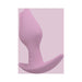Pink asymmetrical silicone butt plug with a tulip-shaped tip and curved base for comfortable anal and vaginal stimulation.