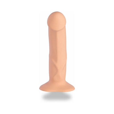 Vanilla-colored silicone dildo with lifelike shape and suction base for versatile hands-free use.