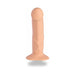 Vanilla-colored silicone dildo with lifelike shape and suction base for versatile hands-free use.