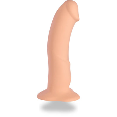 Vanilla-colored silicone dildo with curved shape and suction base for hands-free use and strap-on compatibility.