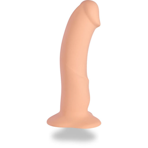 Vanilla-colored silicone dildo with curved shape and suction base for hands-free use and strap-on compatibility.
