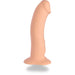 Vanilla-colored silicone dildo with curved shape and suction base for hands-free use and strap-on compatibility.