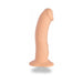 Vanilla-colored silicone dildo with curved shape and suction base for versatile hands-free use.