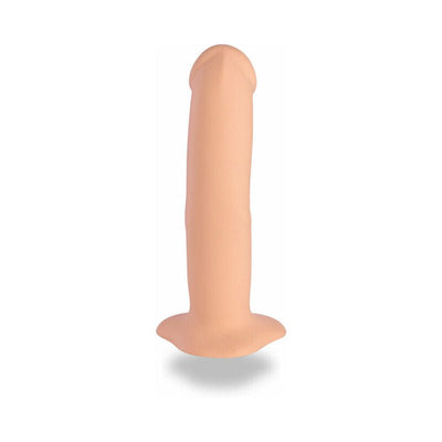 Vanilla-colored silicone dildo with lifelike shape and suction base for versatile use and strap-on play.