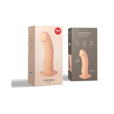 Packaging of Fun Factory Boss Dil Vanilla silicone dildo showing product image and features on box sides.