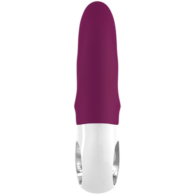 Compact dual-action vibrator in deep grape purple with ergonomic white handle and sleek design.