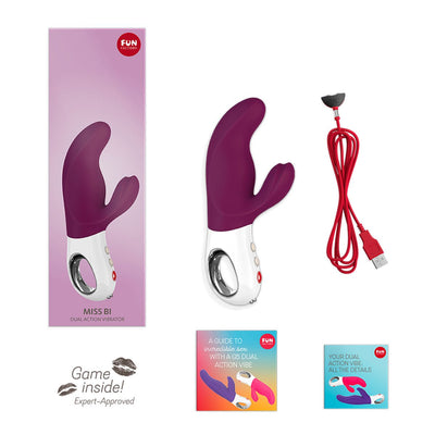 Fun Factory Miss Bi dual action vibrator in grape with USB charging cable and instructional booklets on a white background.
