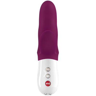 Grape-colored dual-action vibrator with ergonomic white handle and two control buttons by Fun Factory Miss Bi Rabbit.