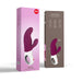 Packaging of Fun Factory Miss Bi dual action vibrator in grape color showing front and back with product features and design details.