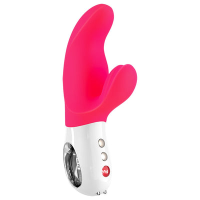 Pink and white dual-action vibrator with ergonomic handle and control buttons, designed for targeted stimulation.